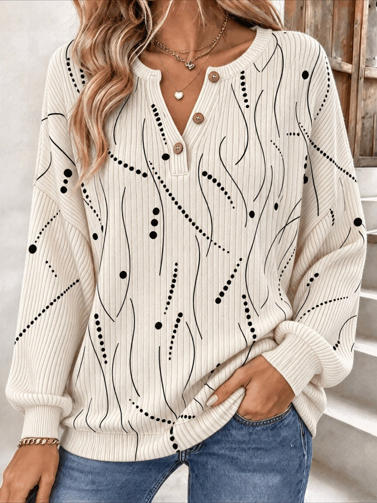 Regular Fit Casual Henley Collar Abstract Stripes Sweatshirt