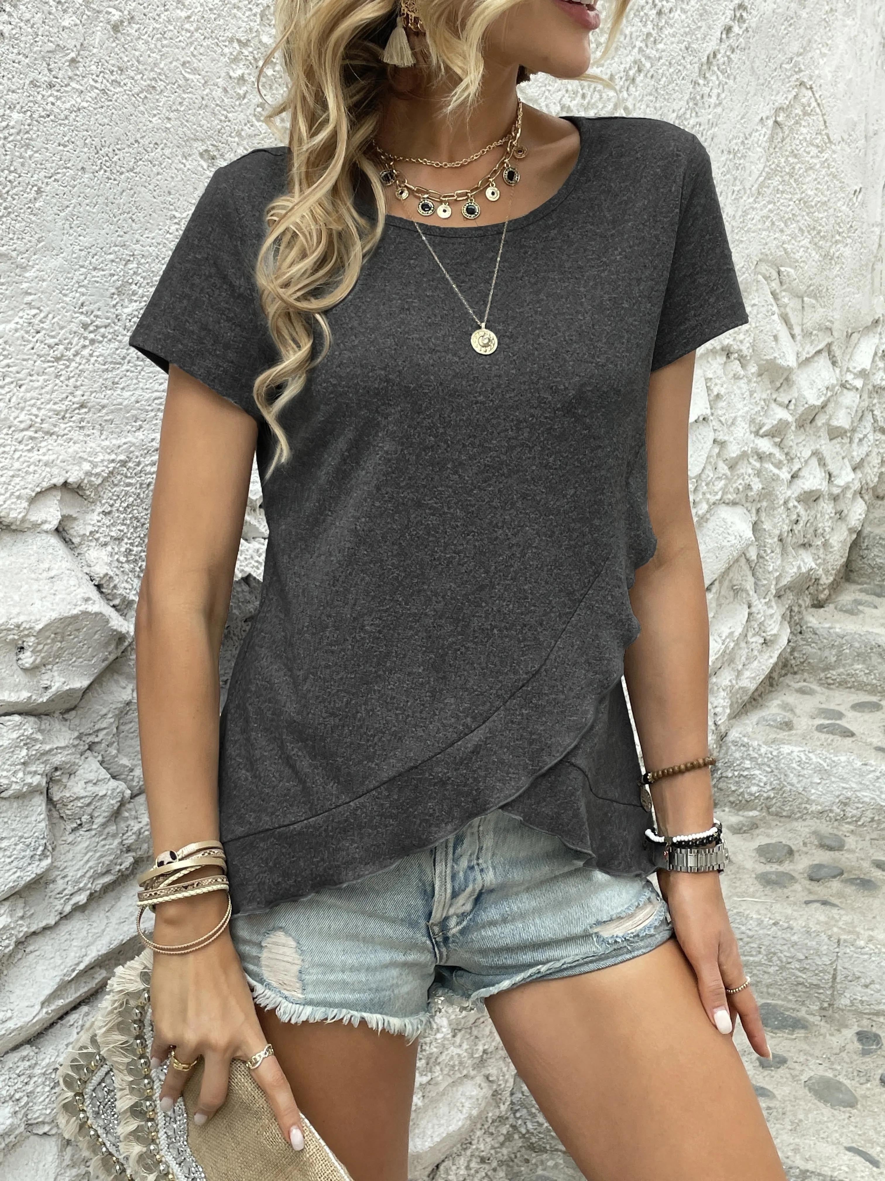 Asymmetrical Ruffle Hem T-Shirt, Casual Crew Neck Short Sleeve T-Shirt