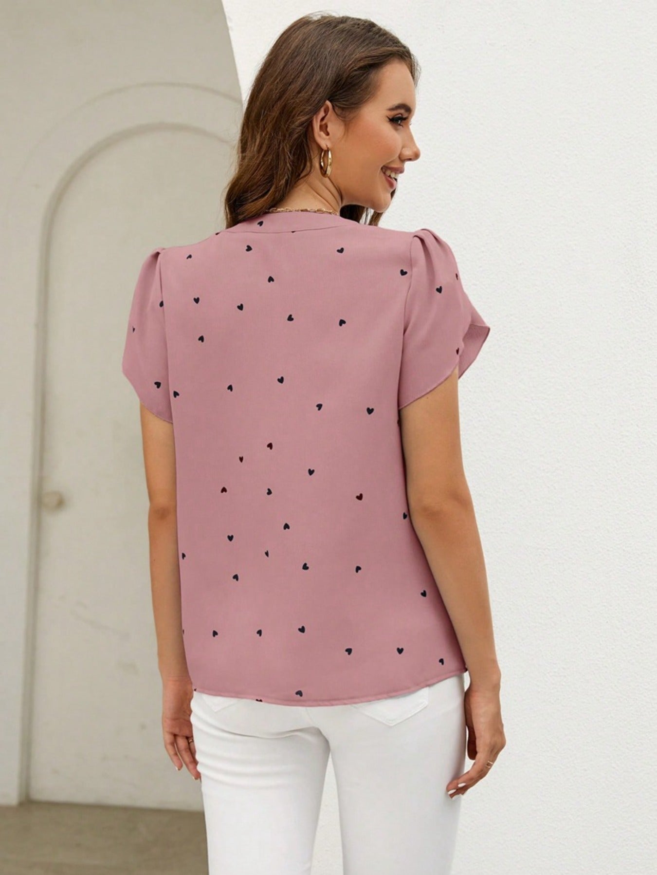Short Sleeve Shirt With Heart Print And Petal Hem