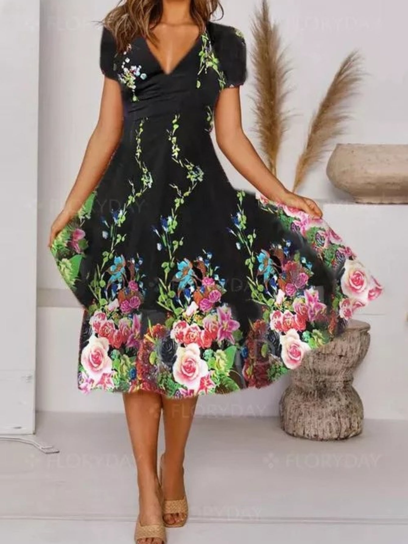 Floral Print Pleated Dress, Vintage Elegant V Neck Short Sleeve Dress