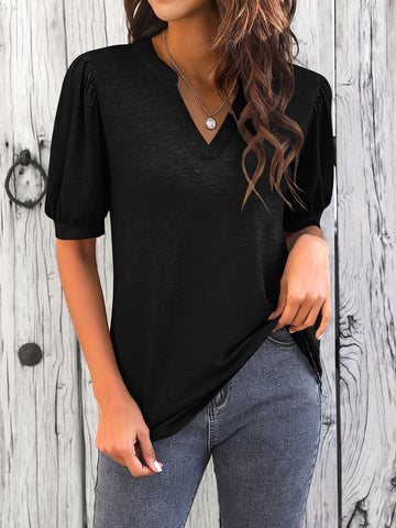 Solid Puff Sleeve T-Shirt, V Neck Short Sleeve T-Shirt, Casual Every Day Tops