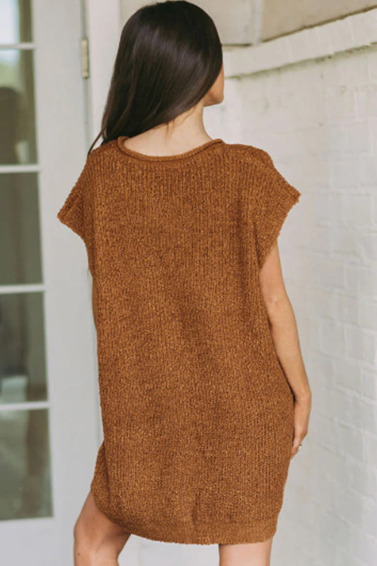 Camel Solid Color Short Sleeve Notched V Neck Sweater Dress