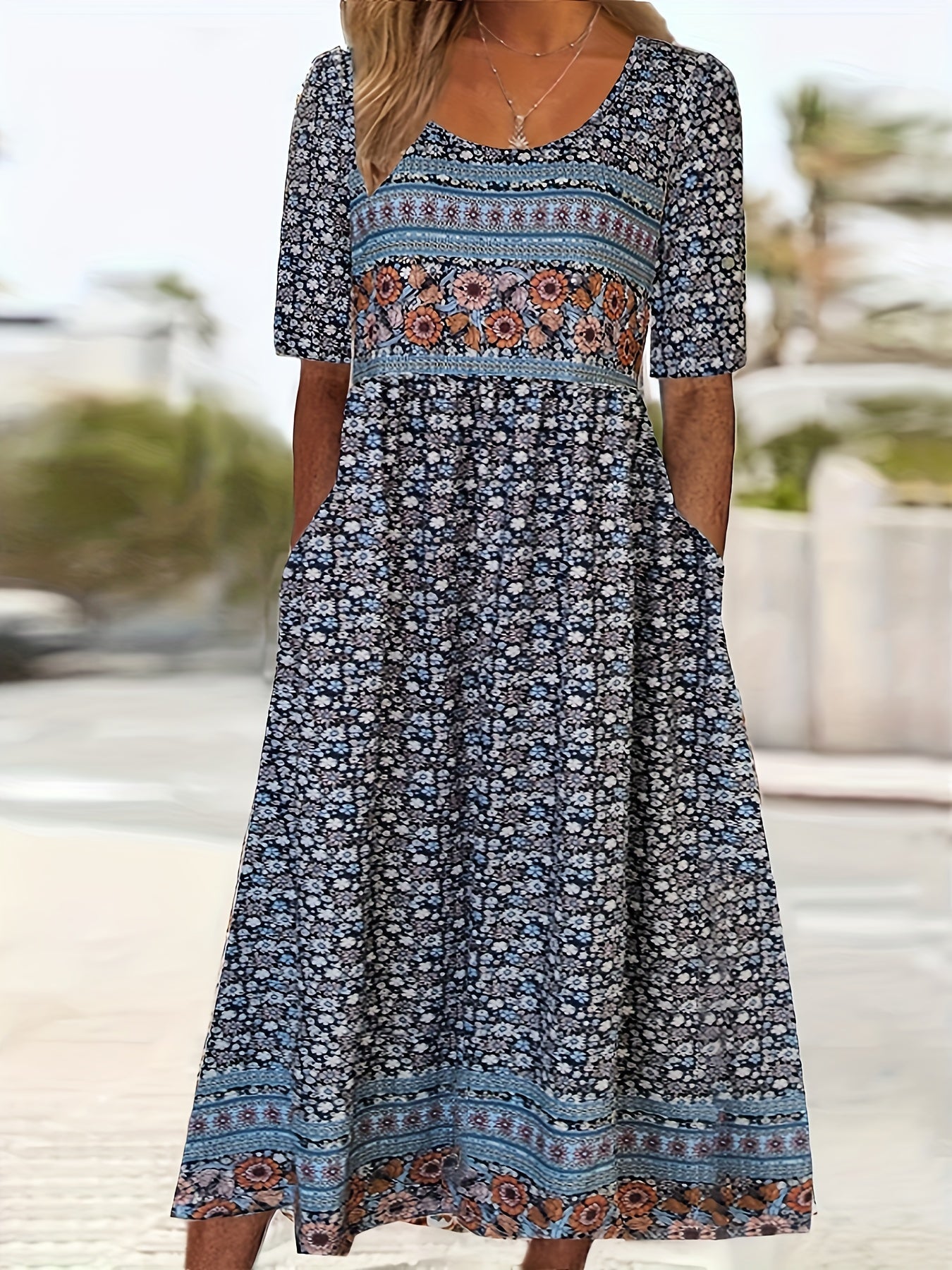 Floral Print Crew Neck Dress, Casual Short Sleeve Dress