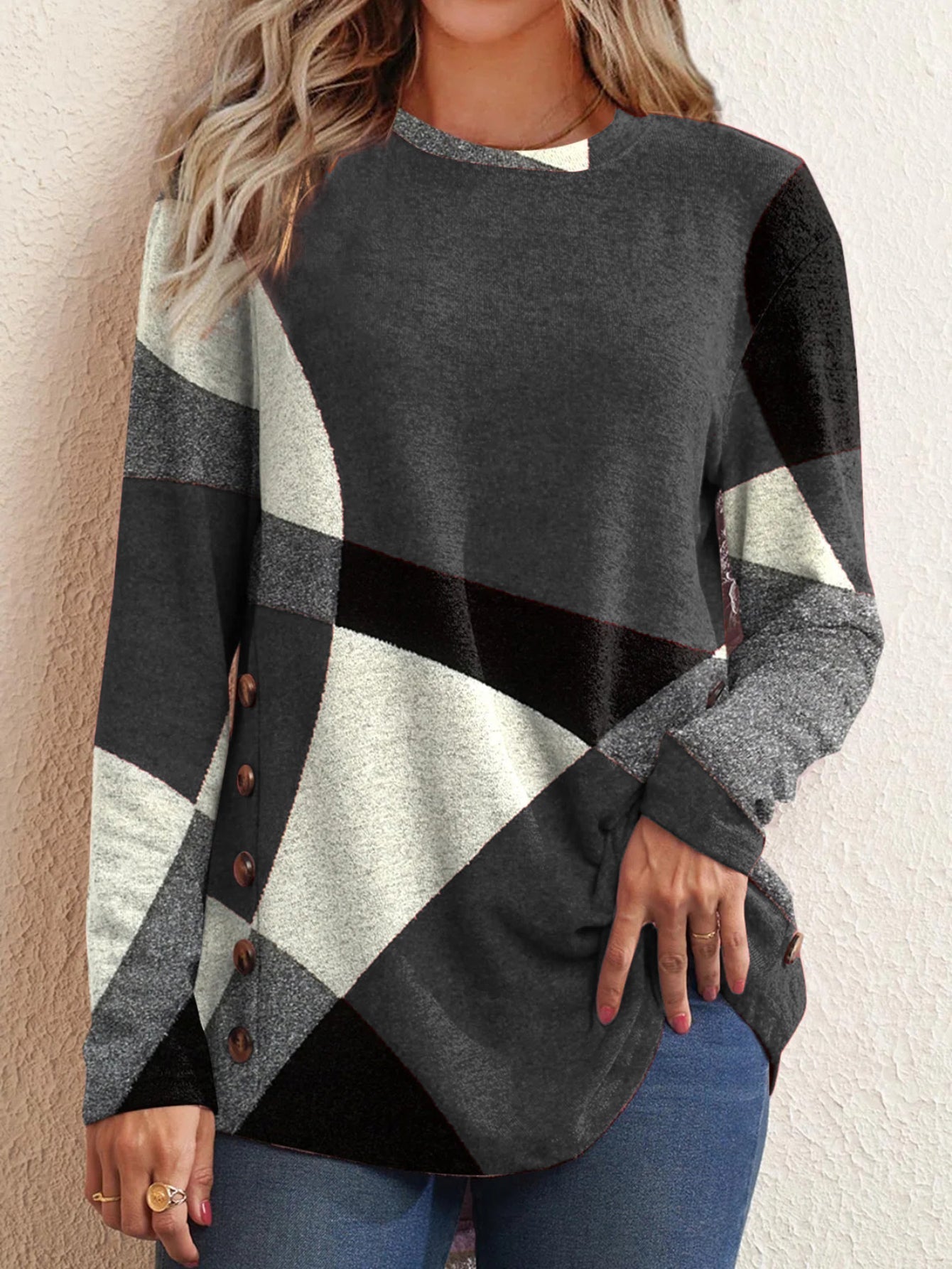 Colorblock Long Sleeve T-shirt, Women's Casual Round Neck Slight Stretch Tee