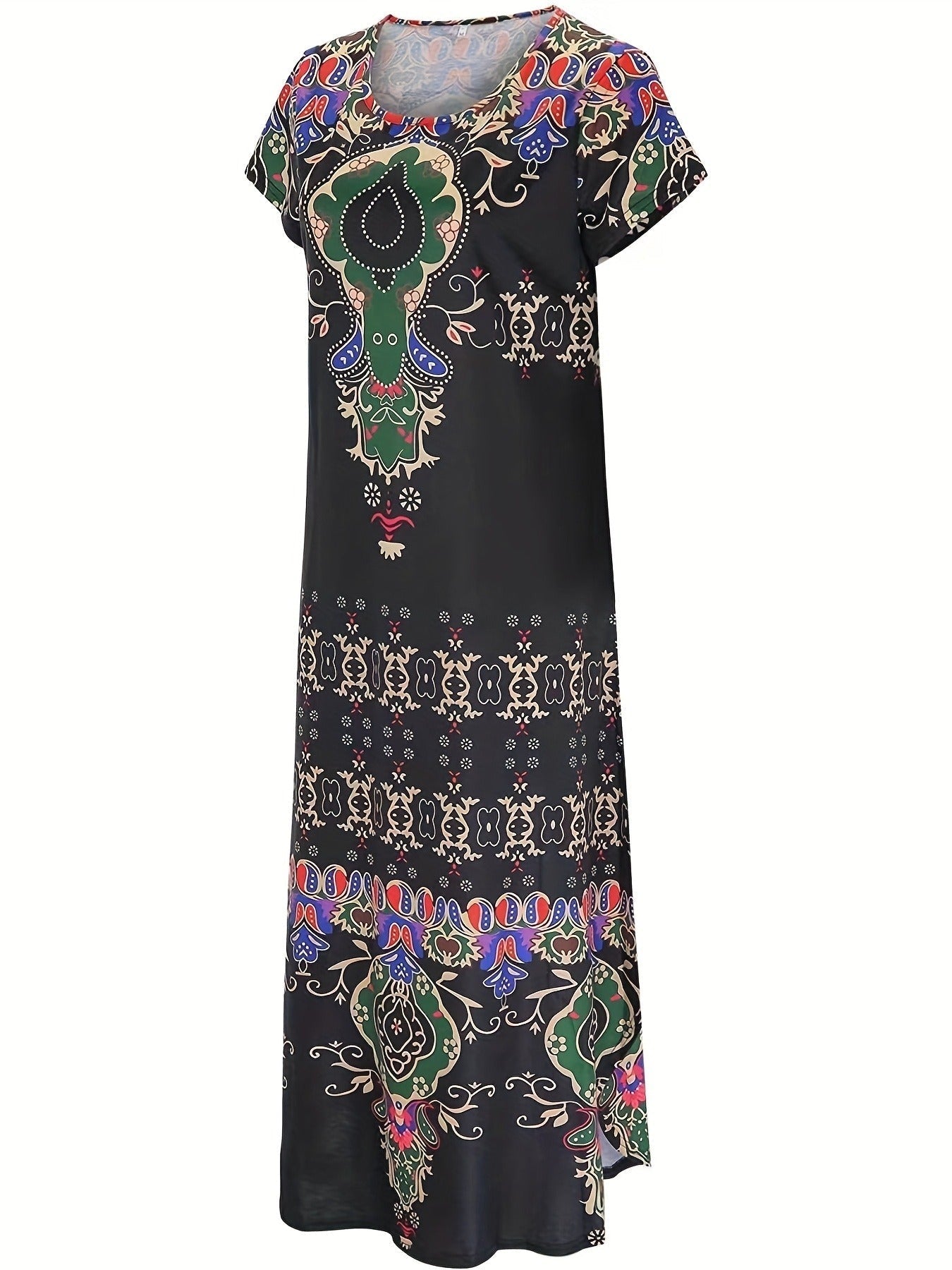 Boho Paisley Print Crew Neck Dress, Casual Short Sleeve Dress