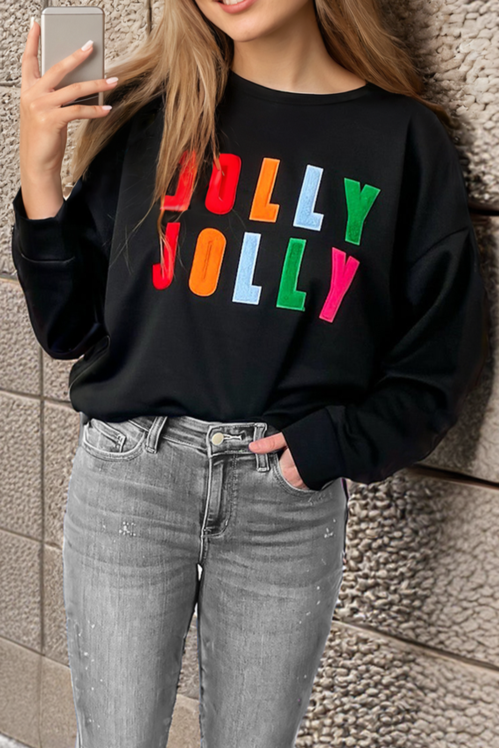 Black Chenille Holly Jolly Graphic Long Sleeve Top