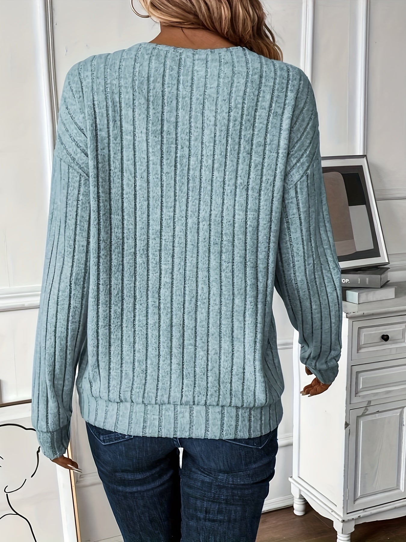 Solid Color V Neck T-Shirt, Casual Long Sleeve Ribbed Top