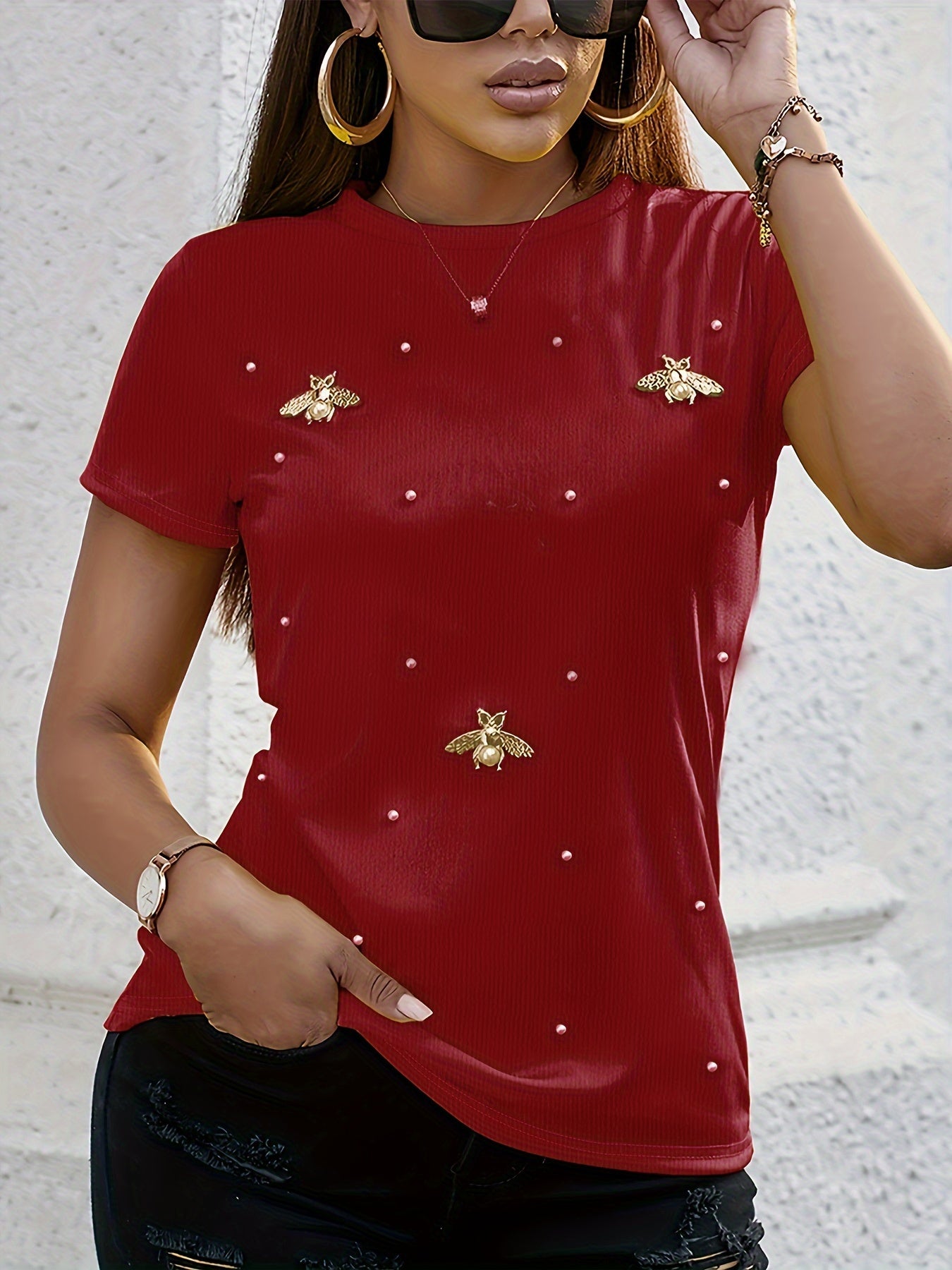 Beaded Butterfly Decor T-Shirt, Crew Neck Short Sleeve T-Shirt, Casual Every Day Tops