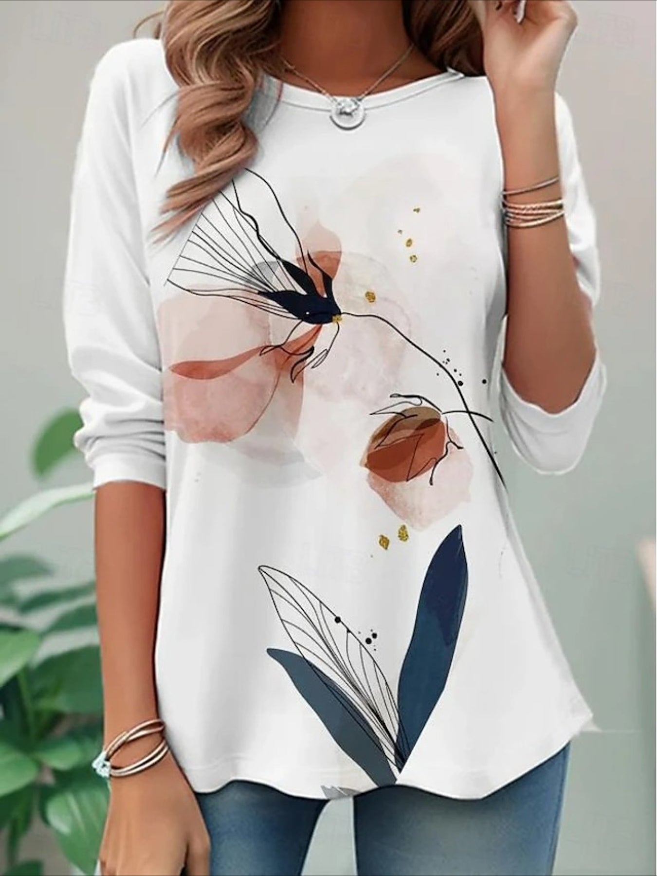 Flower Printed Casual Crew Neck Long Sleeve T-shirt