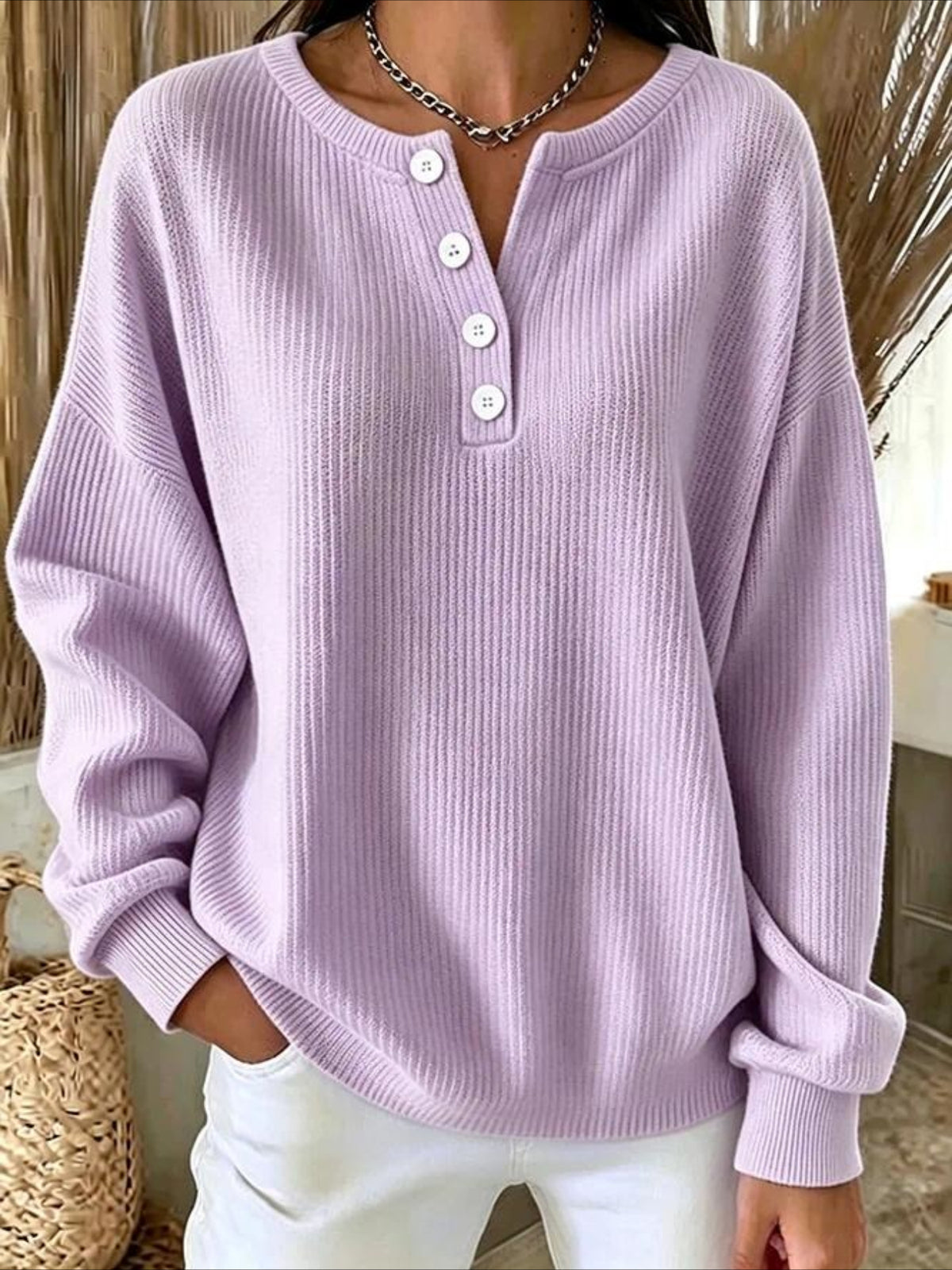 Solid Color V Neck Button Long Sleeve T-Shirt