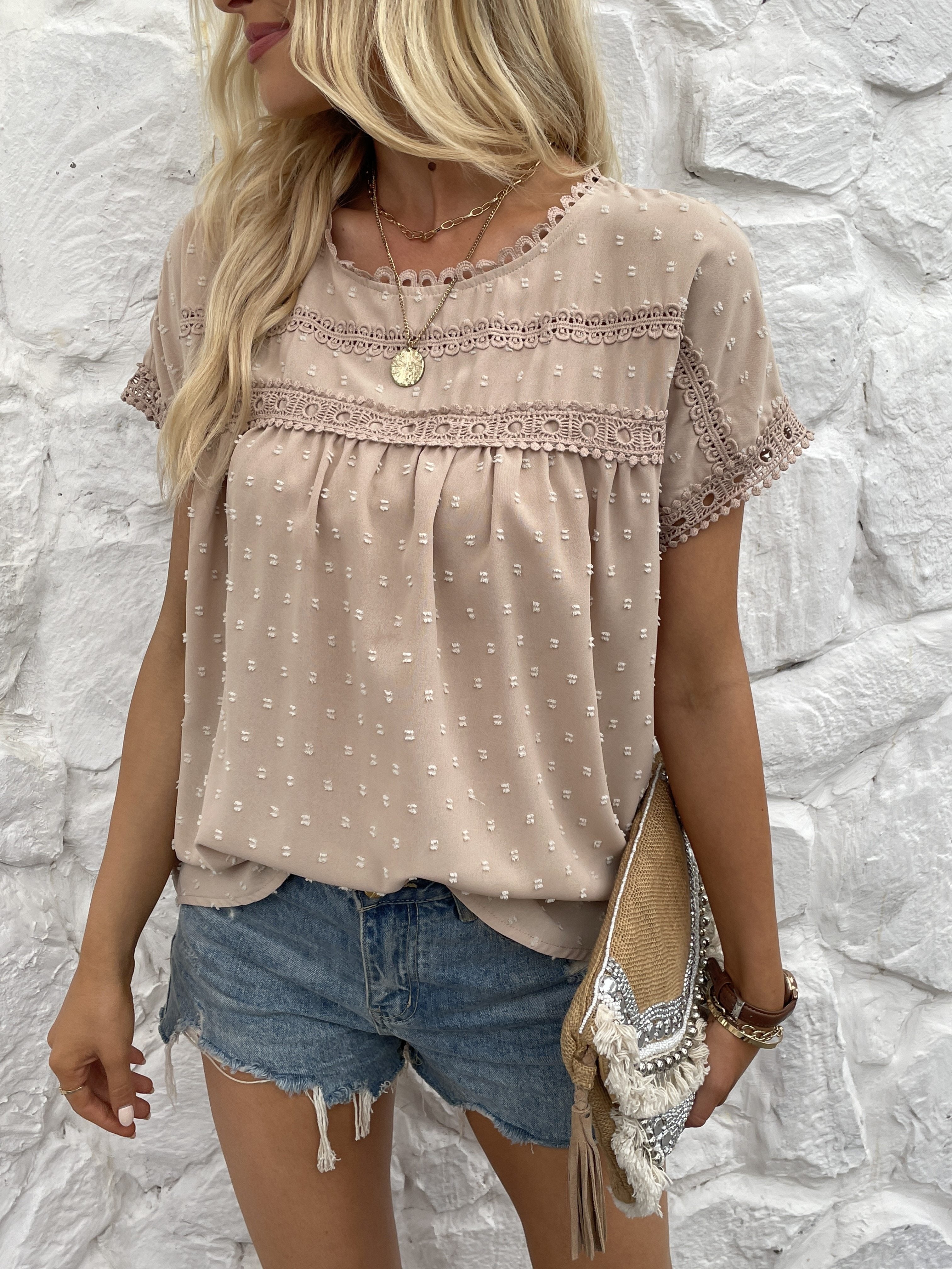 Women's Swiss Dot Embroidered T-Shirt, A Stylish and Comfortable Everyday Top
