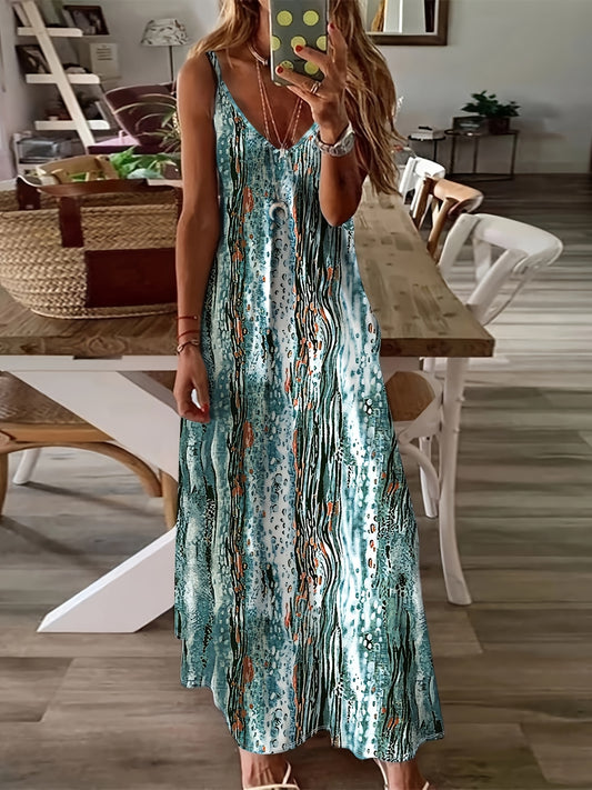 Elegant Allover Print V Neck Maxi Dress