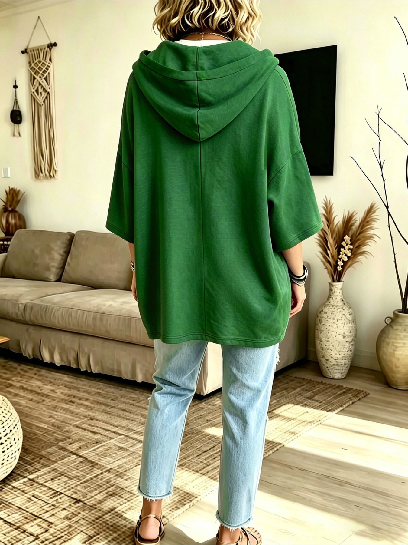 Seven-quarter Sleeves Solid Color Casual Hooded Sweatshirt