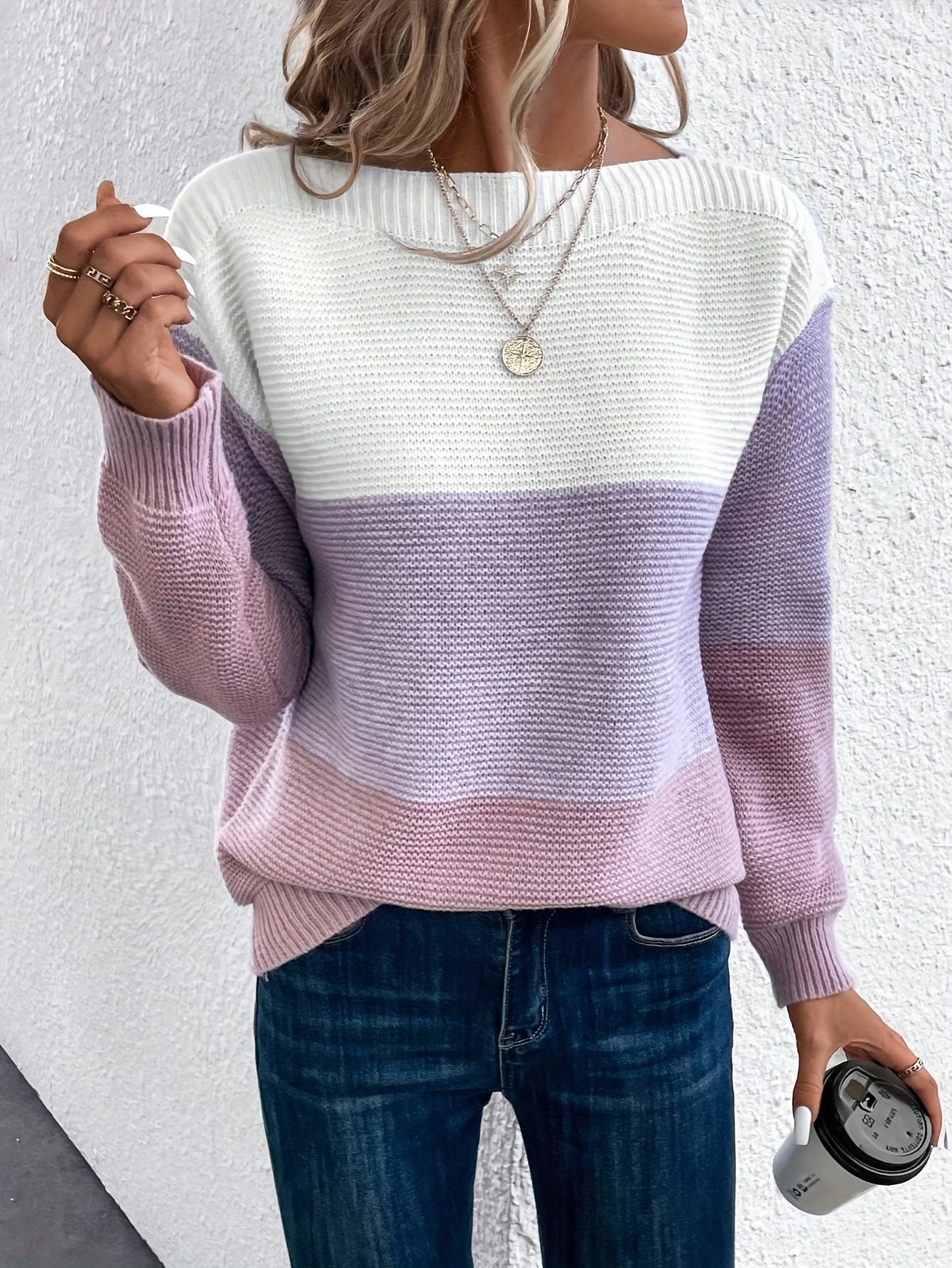Long Sleeve Pullover Color Block Boat Neck Sweater