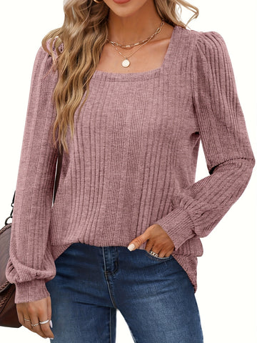 Solid Square Neck Rib Knit Top, Elegant Long Sleeve Sweater