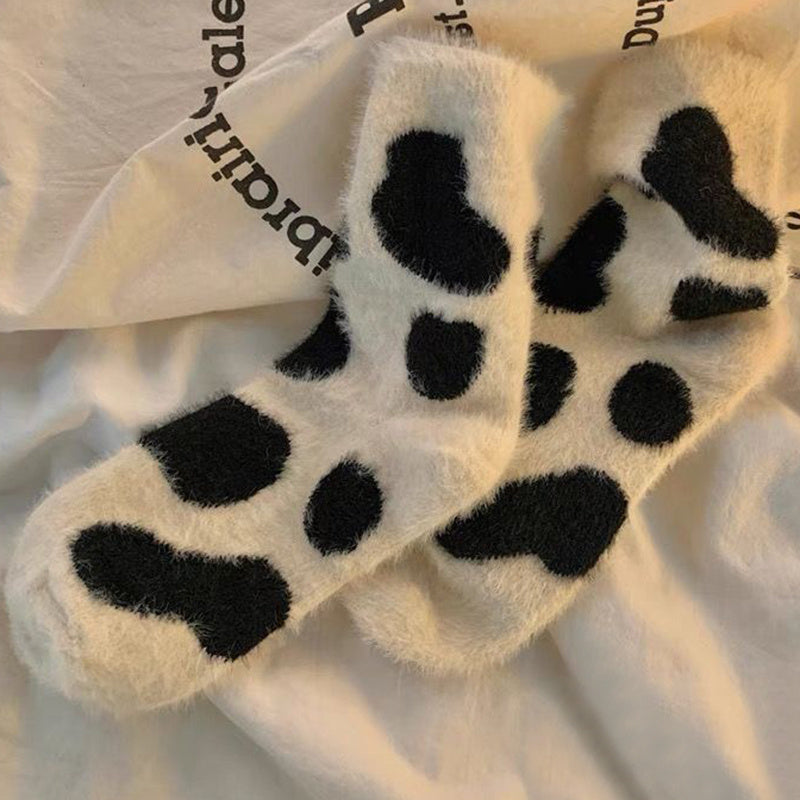 Cute Cow Spots Print Socks, Thickened & Warm Coral Fleece Socks