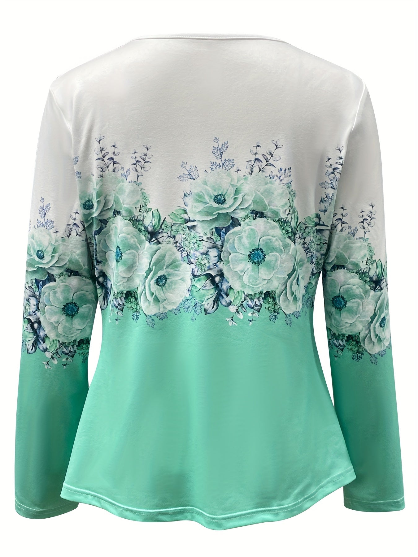 Floral Print Surplice Neck Button T-Shirt, Casual Long Sleeve T-Shirt