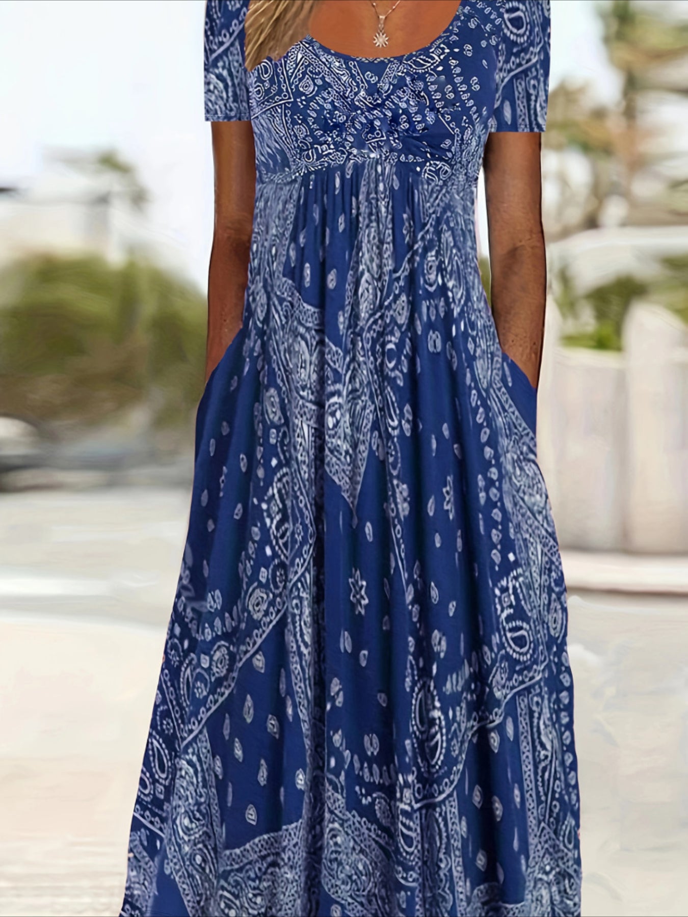 Print A-Line Short Sleeve Round Neck Dress with Pockets