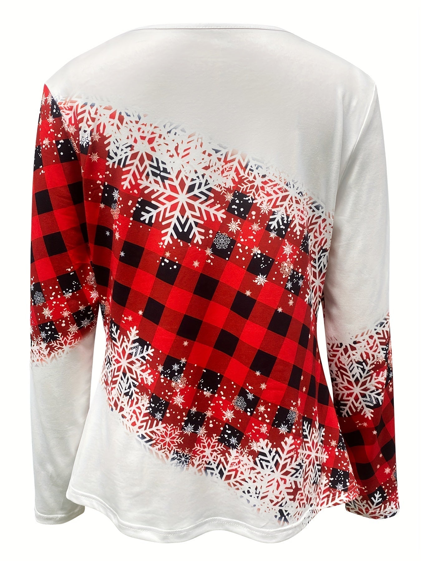 Christmas Snowflake Print Button Decor T-shirt, Casual Long Sleeve Plaid Print T-shirt