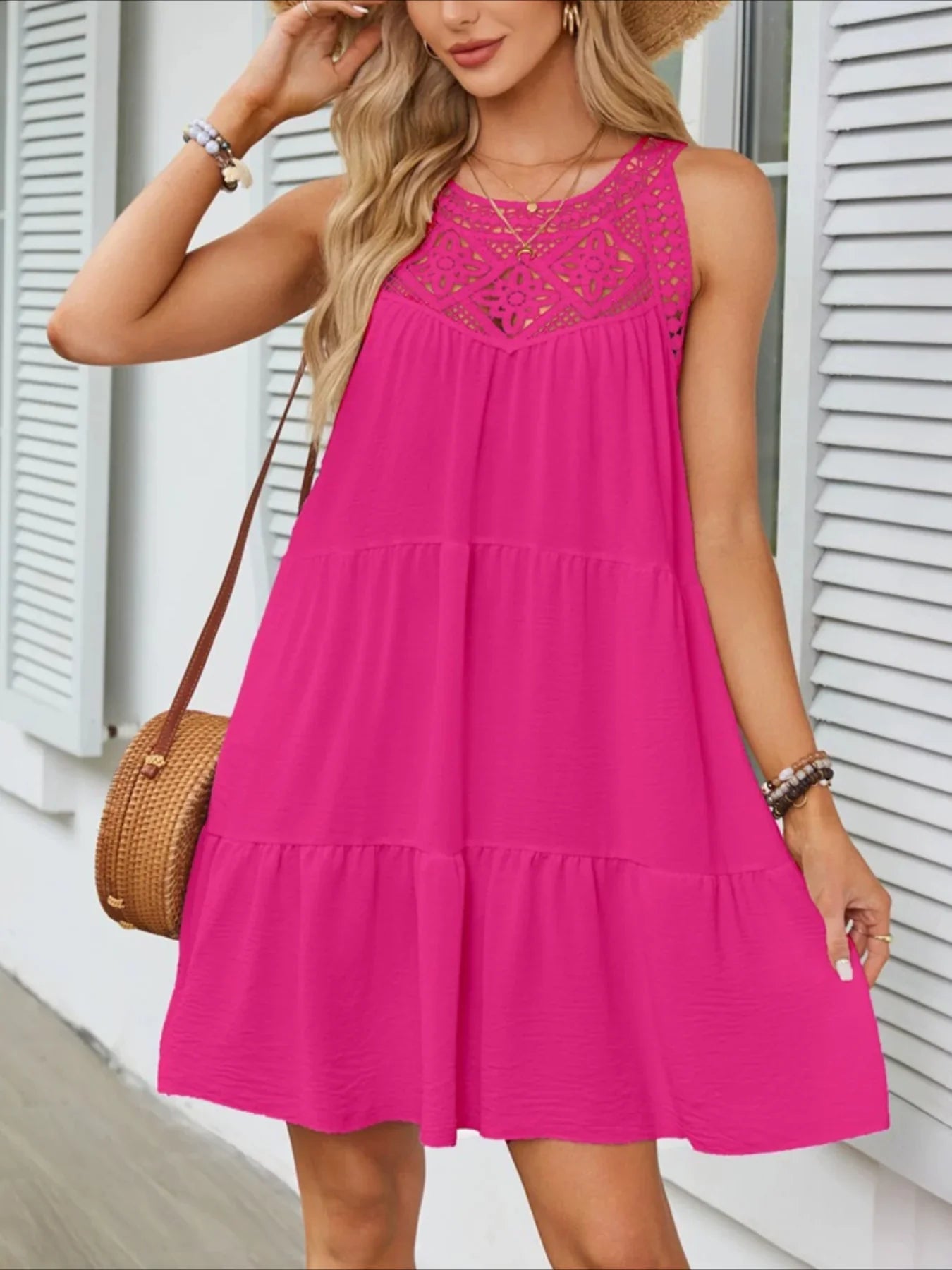Women's Fashion Sexy Sleeveless Round Neck Hollow Solid Color Style Short dress