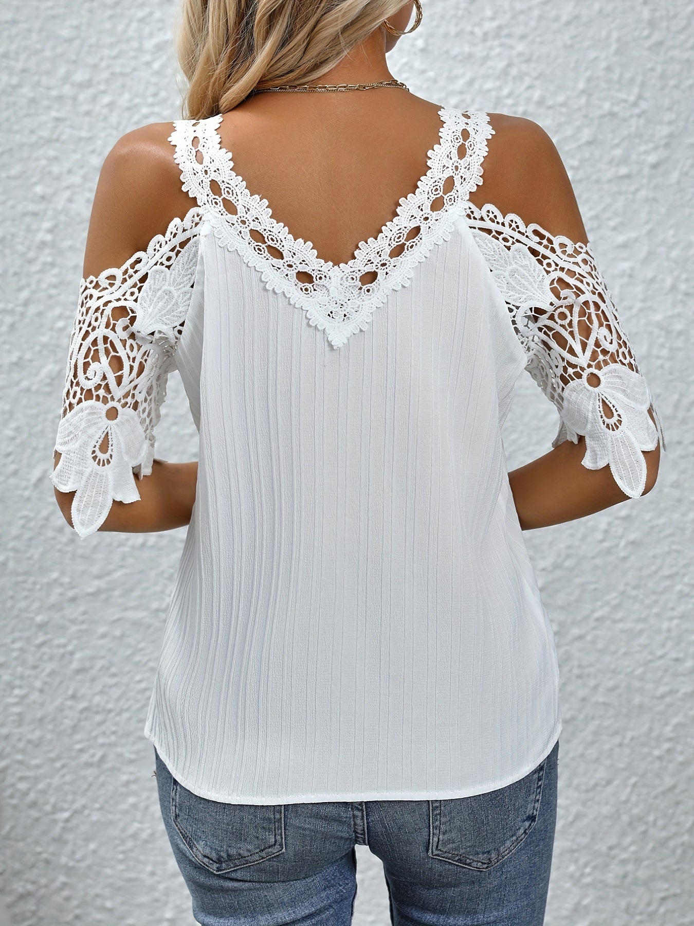 Contrast Lace Cold Shoulder Blouse, Elegant V Neck Solid Short Sleeve Blouse