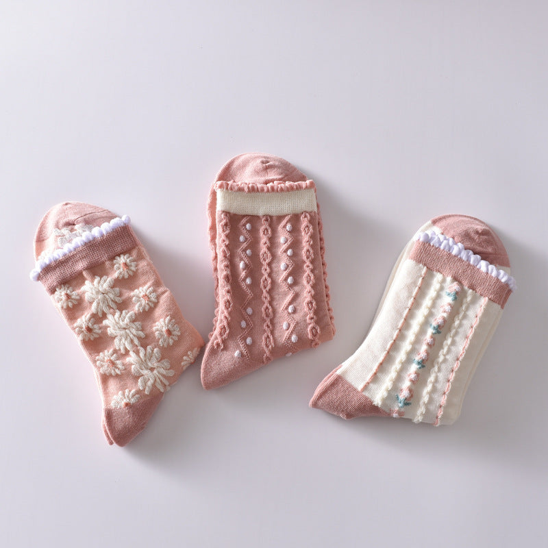 6 Pairs Flower Bubble Cable Crew Socks, Lightweight & Comfy Mid-tube Socks