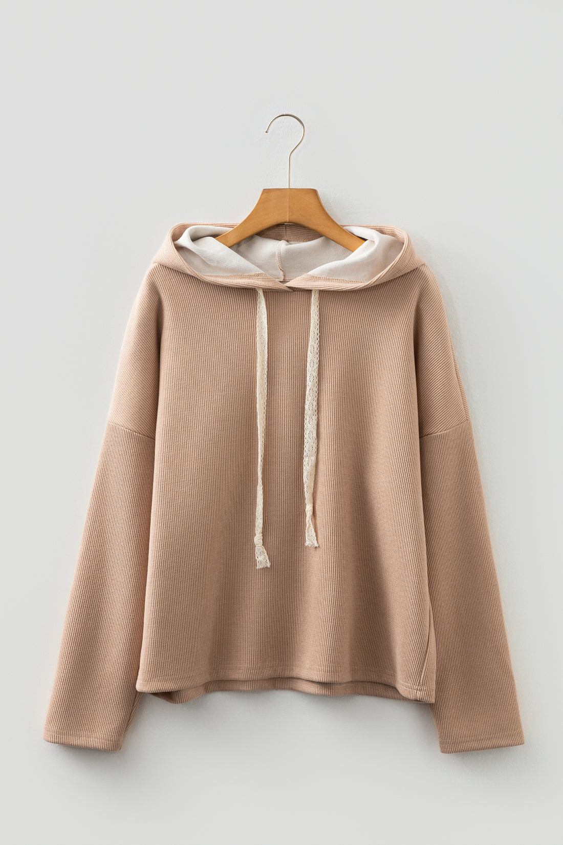 Casual Thermal Textured Lace Drawstring Baggy Hoodie