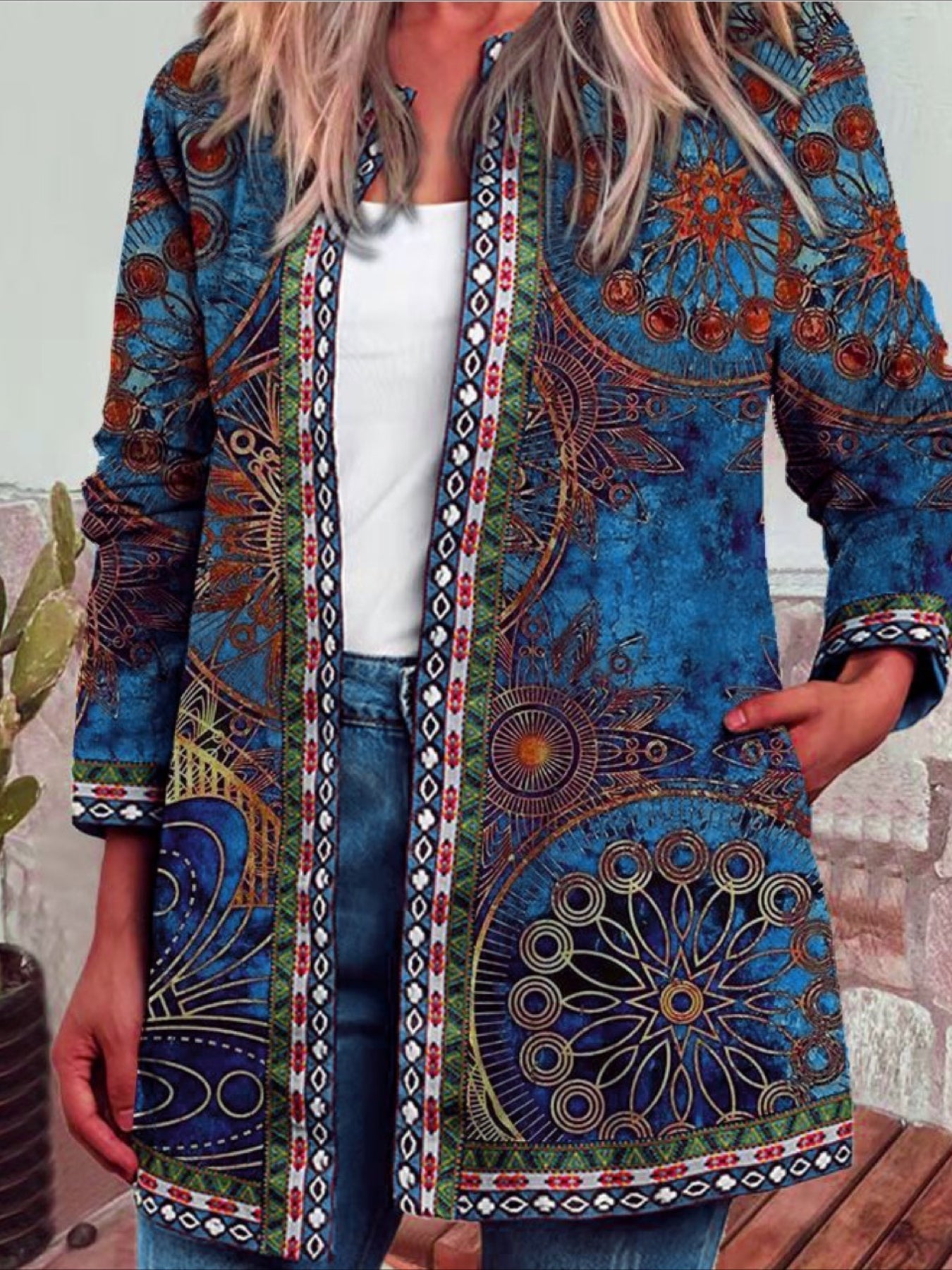 Floral Pattern Top, Elegant Open Front Long Sleeve Top