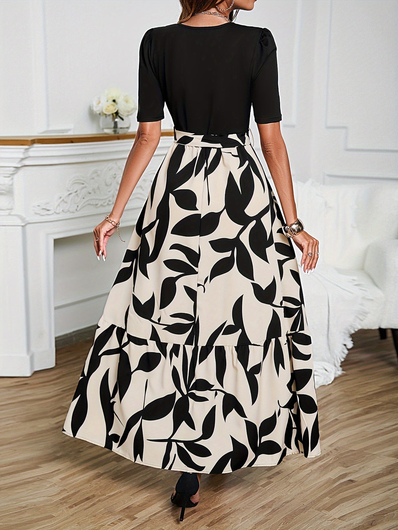 Floral Print Crew Neck Dress, Elegant Short Sleeve Dress