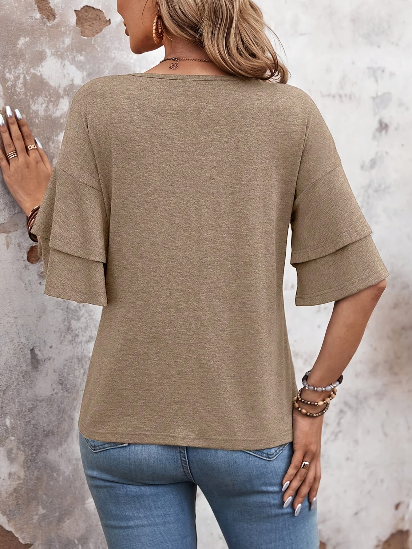 Casual Solid Color Flare Sleeve V Neck T-Shirt