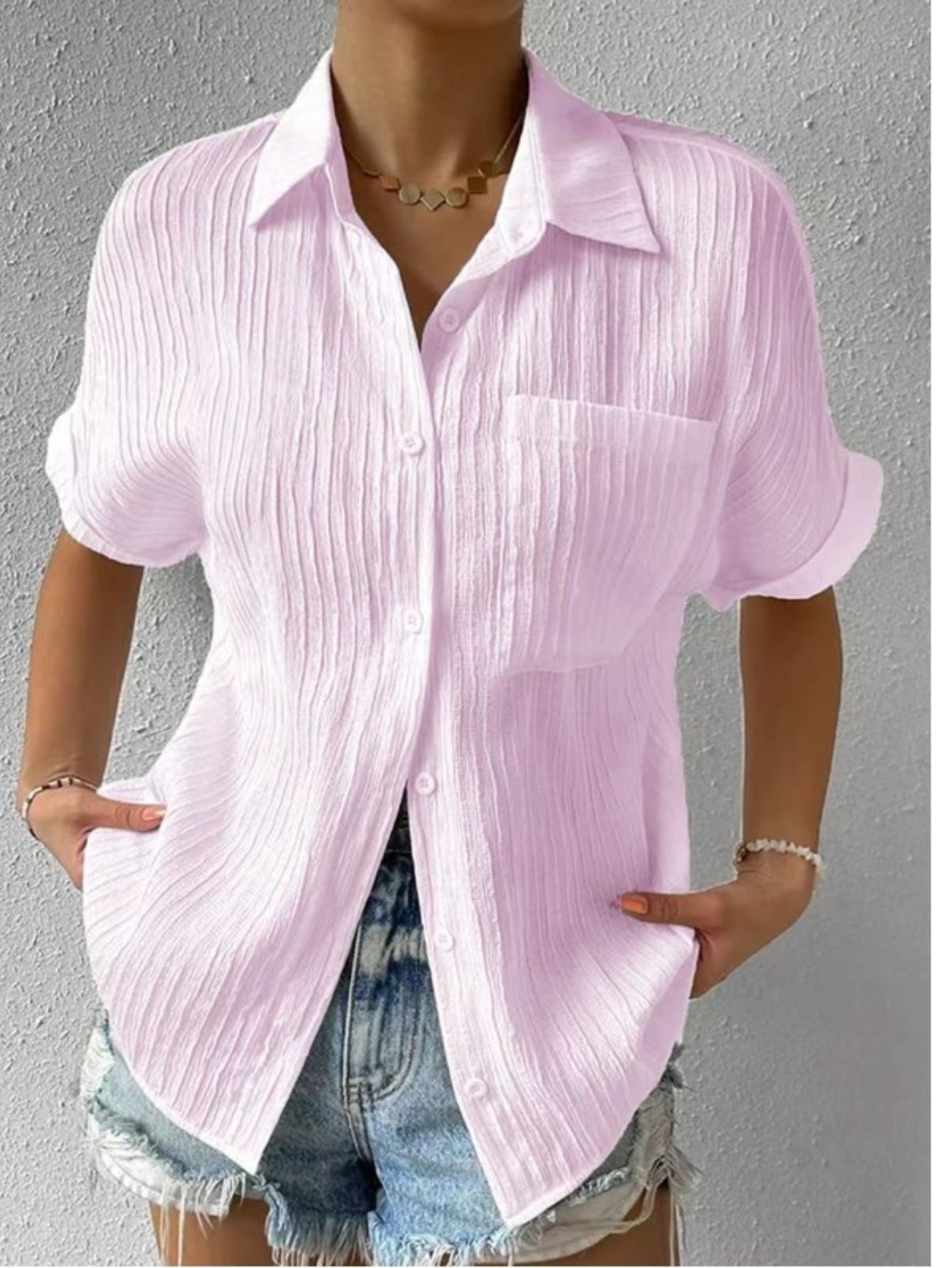 Women's Solid Button Front Casual Lapel Short Sleeve Everyday Shirt
