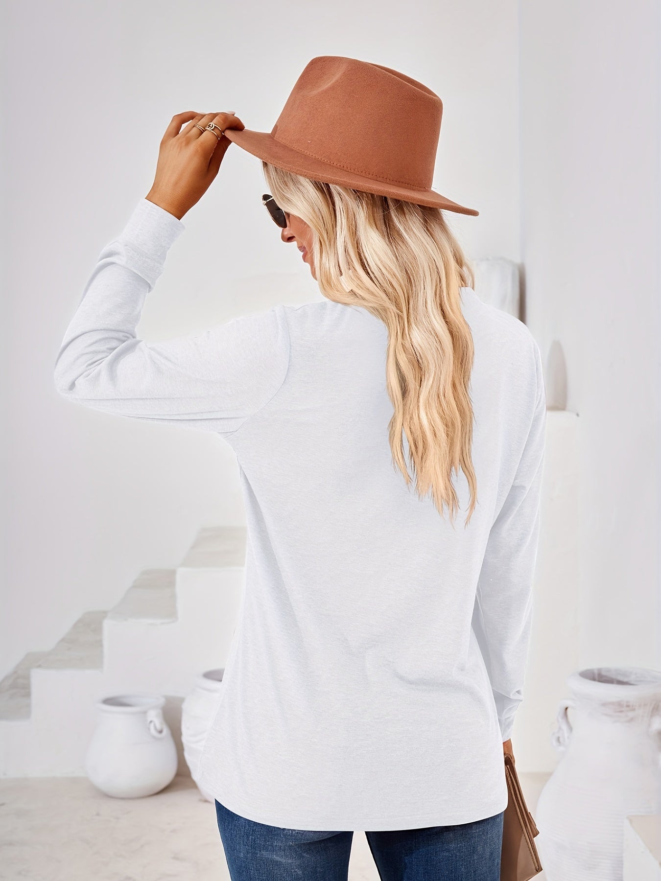 Solid Long Sleeve Button Decor Notched Neck Slight Stretch Tee