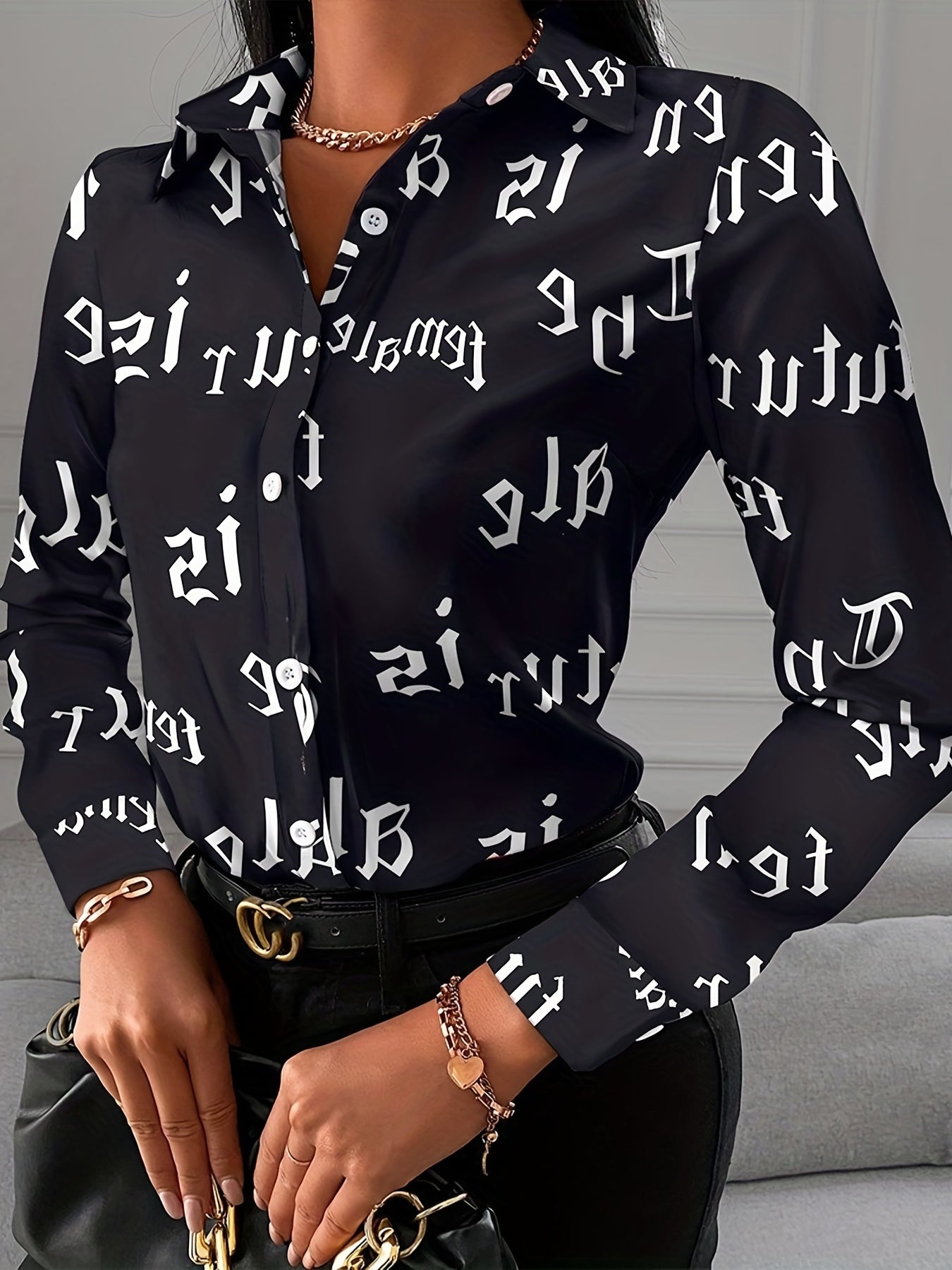 Women's Blouse V-neck Print Button Long Sleeve Loose Fall Blouse