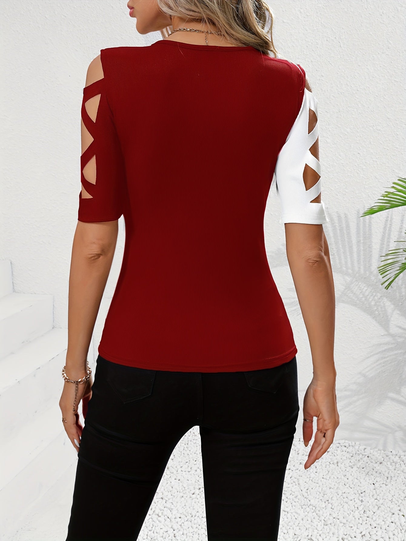 Round Neck Cutout Shoulder Summer T-Shirt
