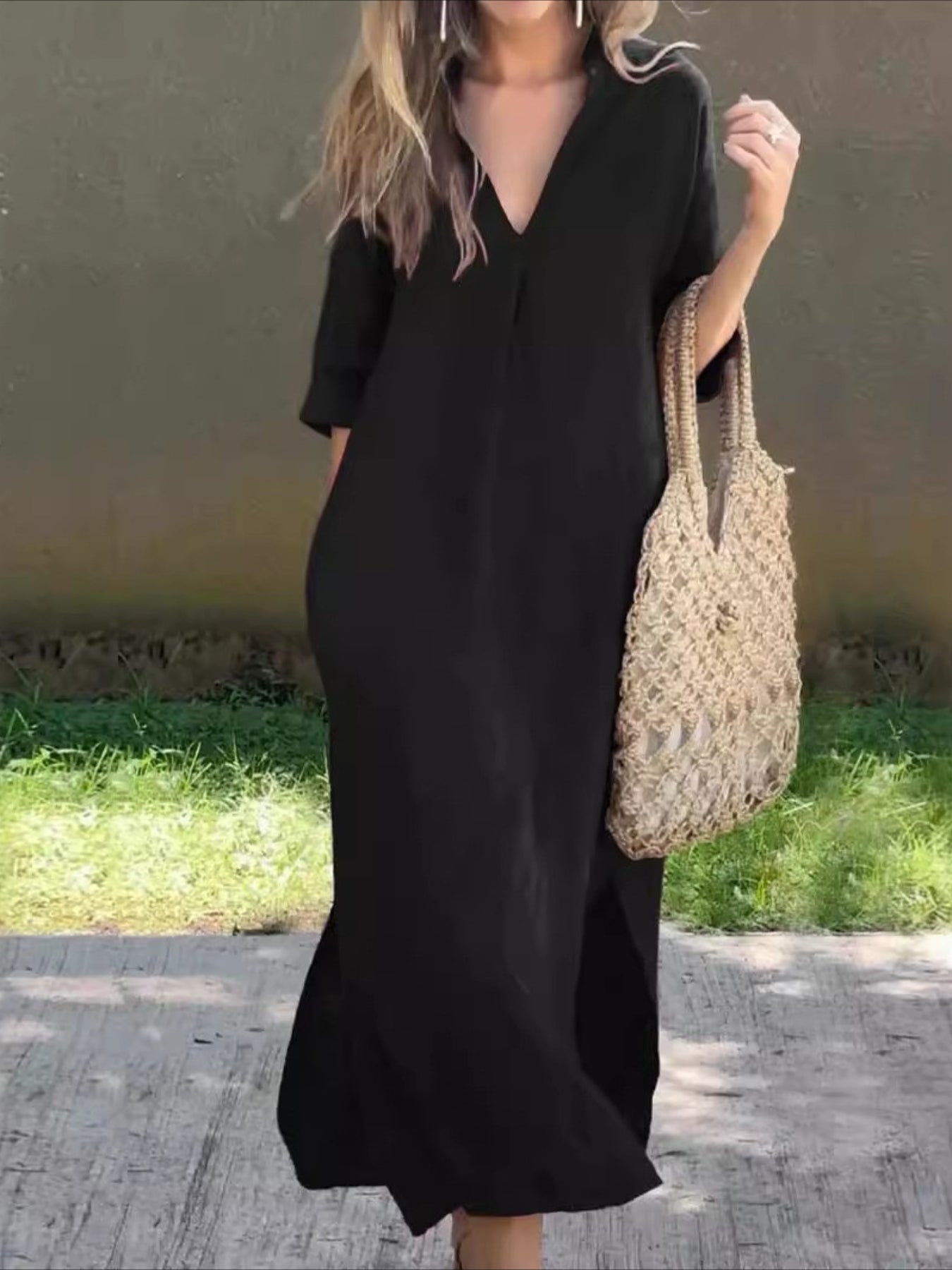 Women's Pocket Split Basic Casual Split Neck 3/4 Length Sleeve Maxi Dress