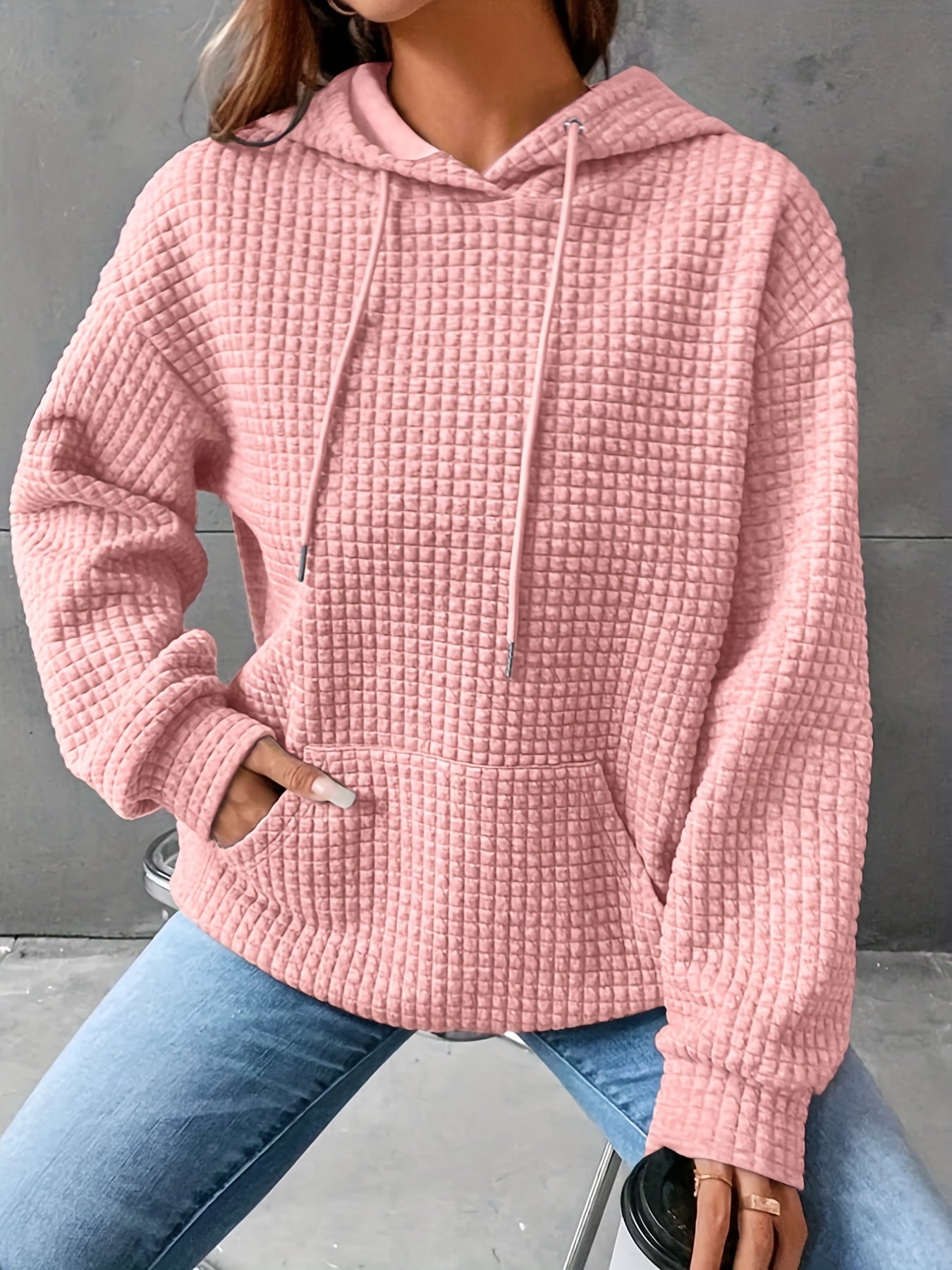 Waffle Grid Kangaroo Pocket Hoodie, Casual Long Sleeve Drawstring Hoodies Sweatshirt