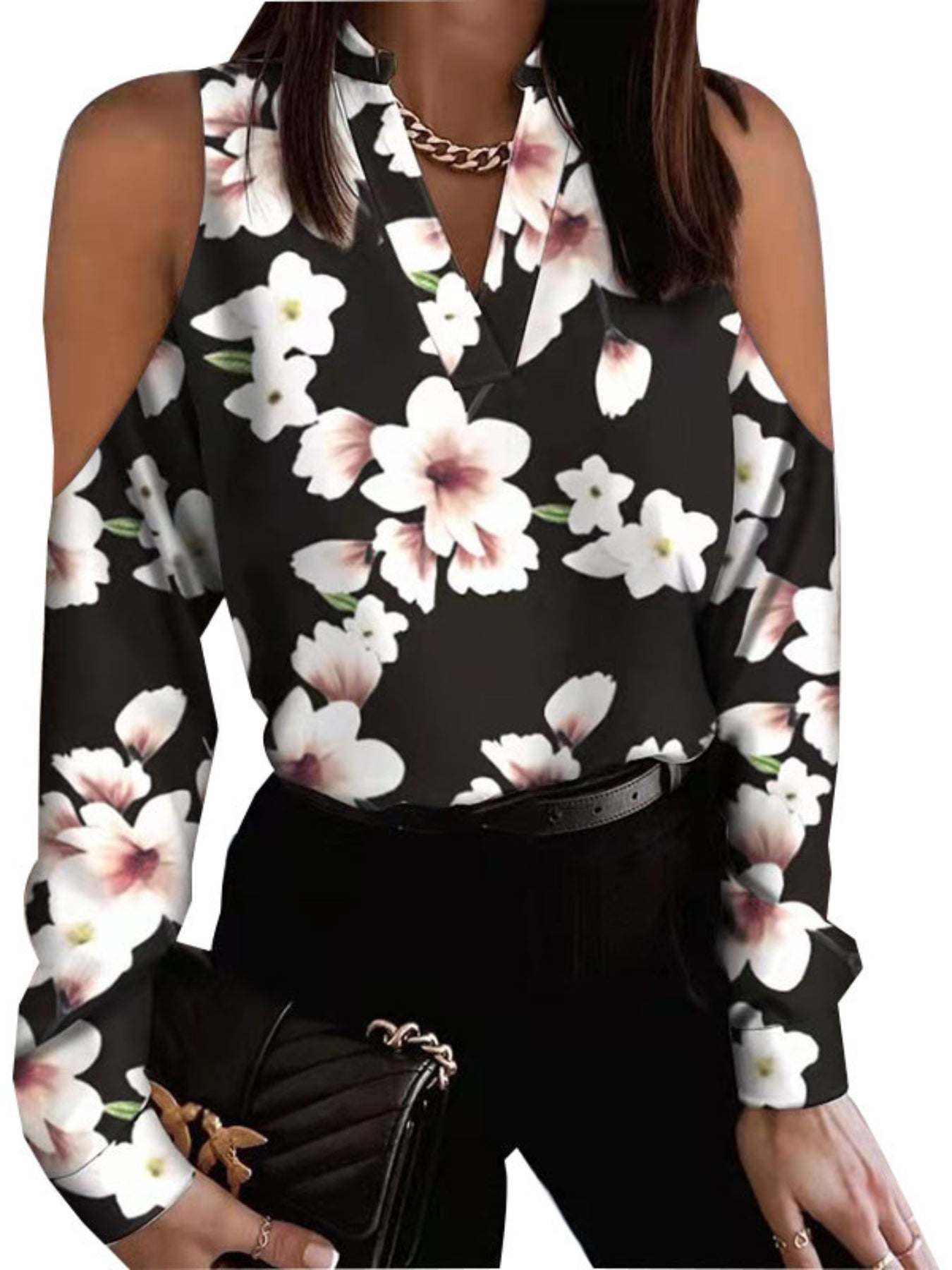 Heart Print Cold Shoulder Blouse, Casual V Neck Long Sleeve Blouse