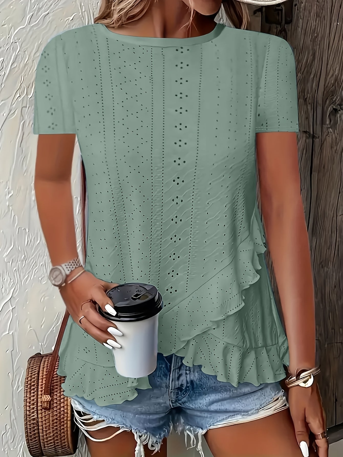 Asymmetrical Ruffle Hem Short Sleeve Round Neck T-Shirt