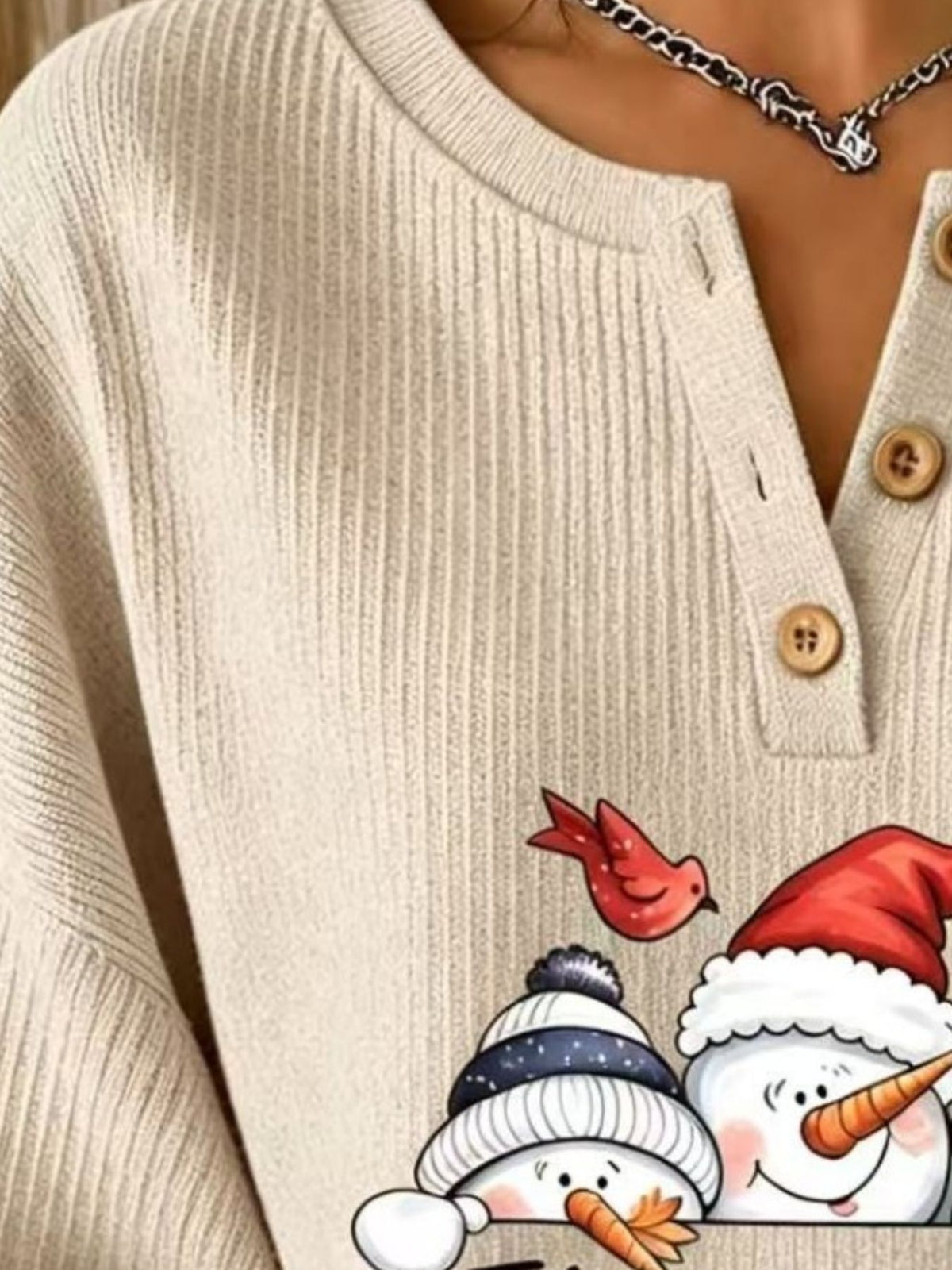 Christmas Themed Snowman Graphic Ribbed Henley Sweatshirt
