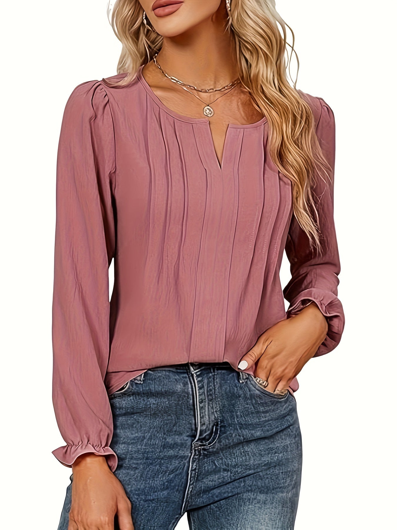 Solid Pleated Notched Neck Blouse, Versatile Long Sleeve Top