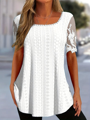 Solid Eyelet Square Neck Contrast Lace Top, Elegant Short Sleeve Top