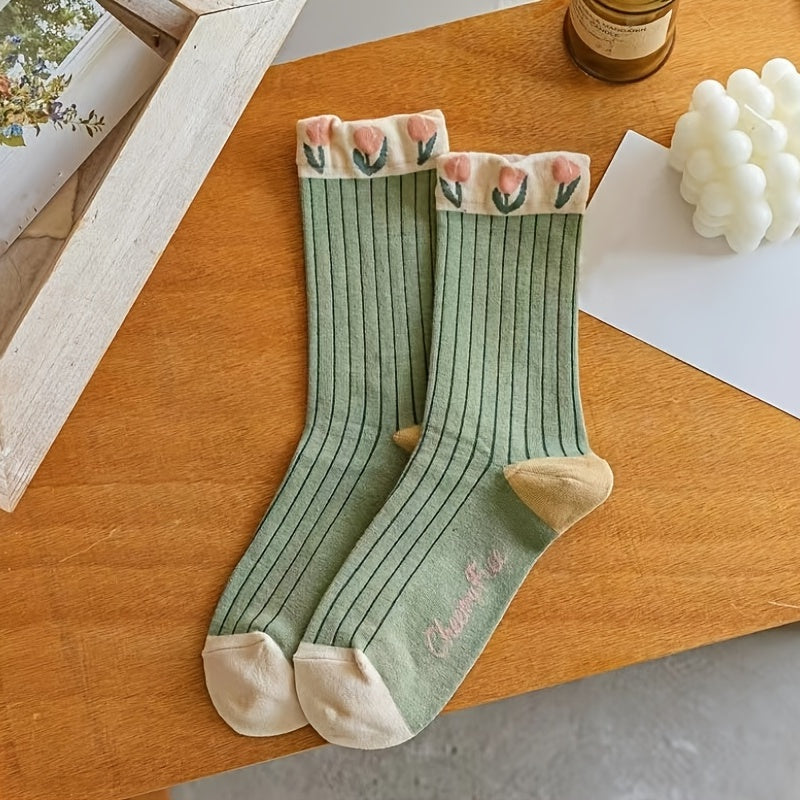 4pairs Floral Socks Set, Women Cute Flower Geometric 3D Textured Ankle Cotton Blend Cottagecore Lucky Socks