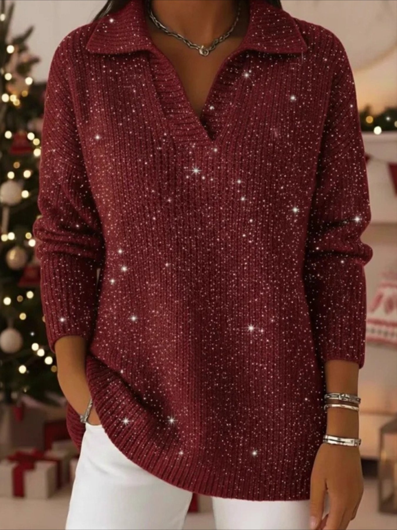 Party Polo Collar Shiny Loose Sweater Top