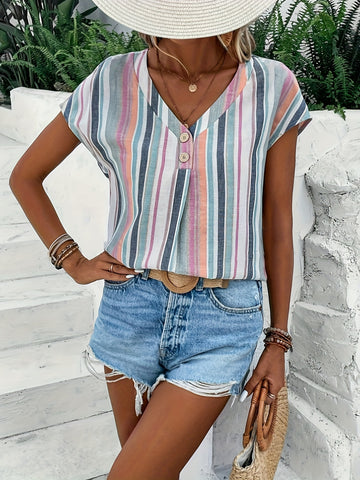 Chic Striped Print Blouse - Fashionable Button Front, Flattering V-Neck, Short Sleeves - Perfect Casual Wear