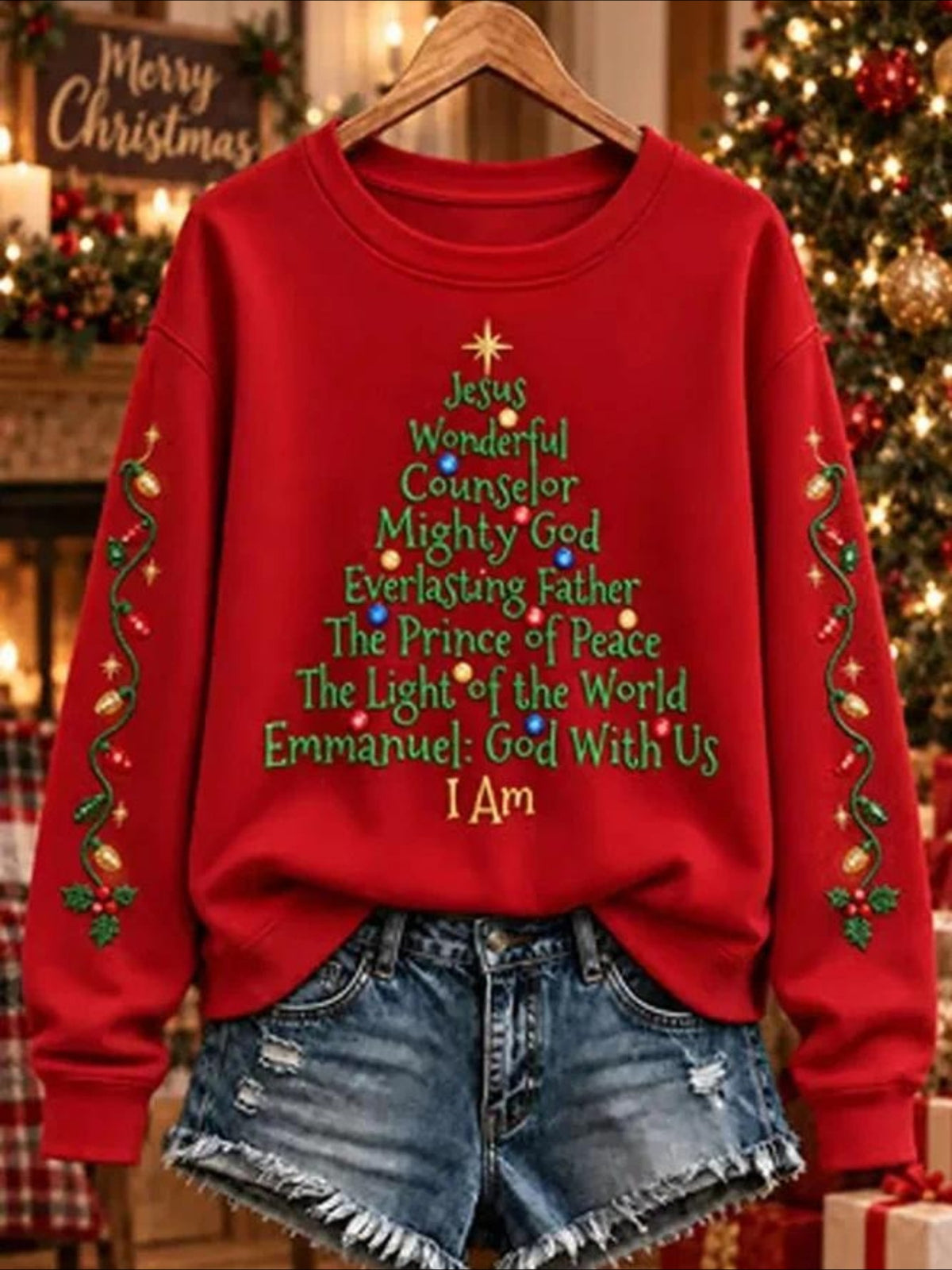 Christmas Words Tree Crew Neck Long Sleeve Sweatshirt