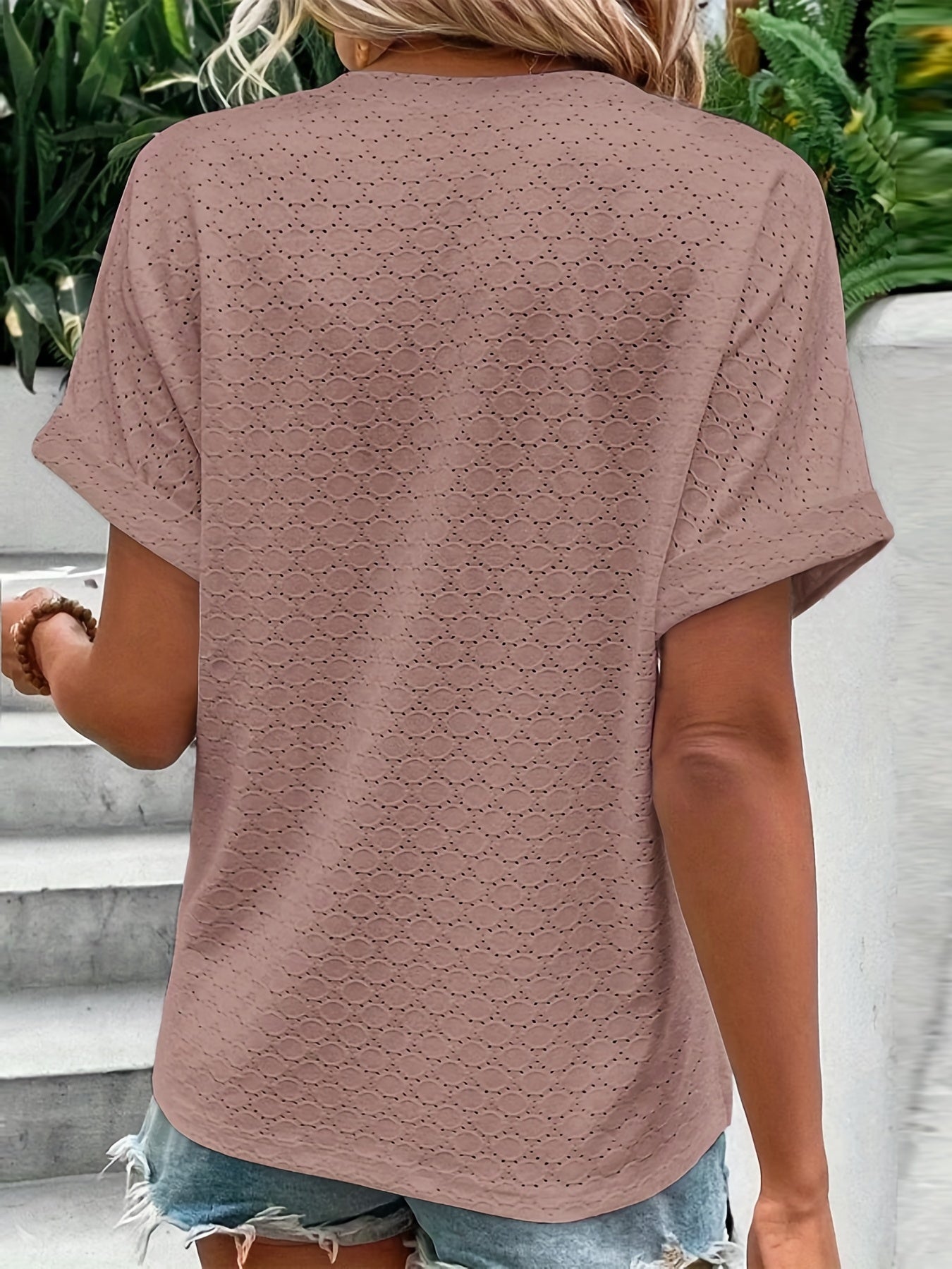 Solid Button Front V Neck T-Shirt, Casual Short Sleeve Top