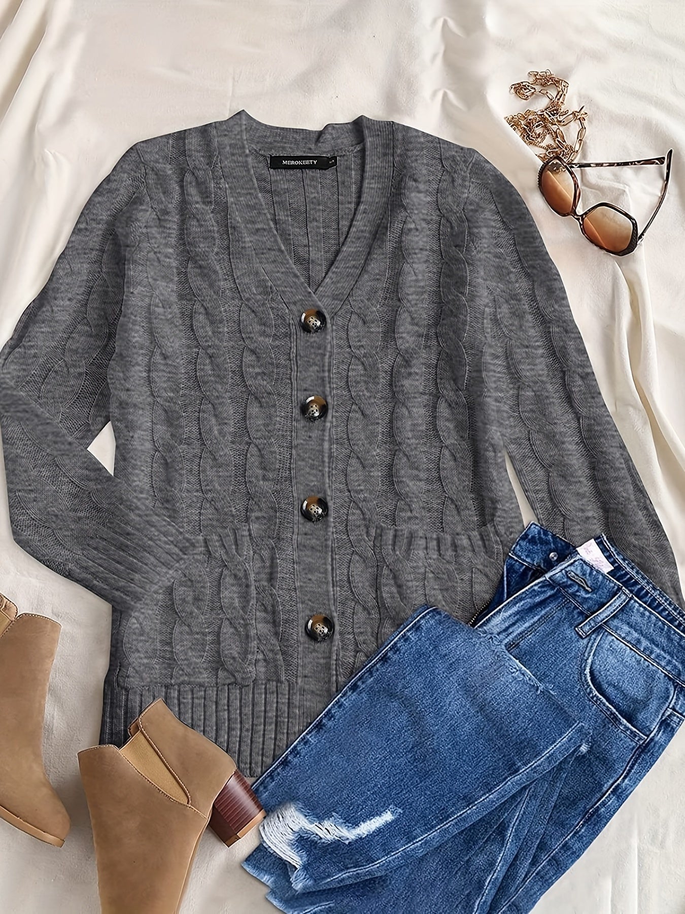 Cable Knit Button Front Cardigan, Casual Solid Long Sleeve Cardigan