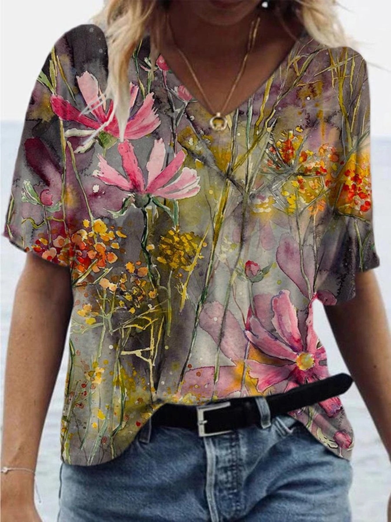 Floral Print V Neck T-Shirt, Short Sleeve Casual Top