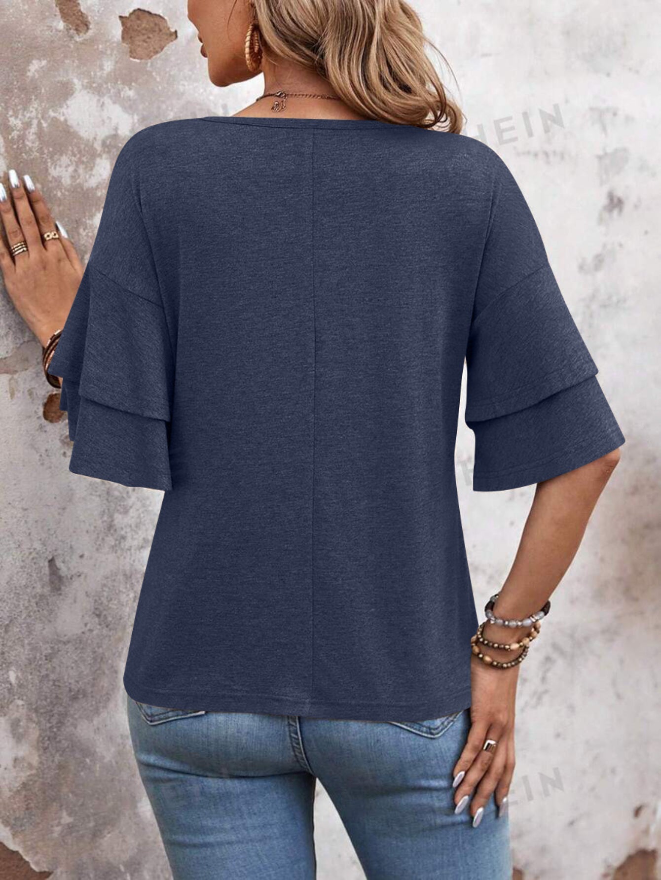Casual Solid Color Flare Sleeve V Neck T-Shirt