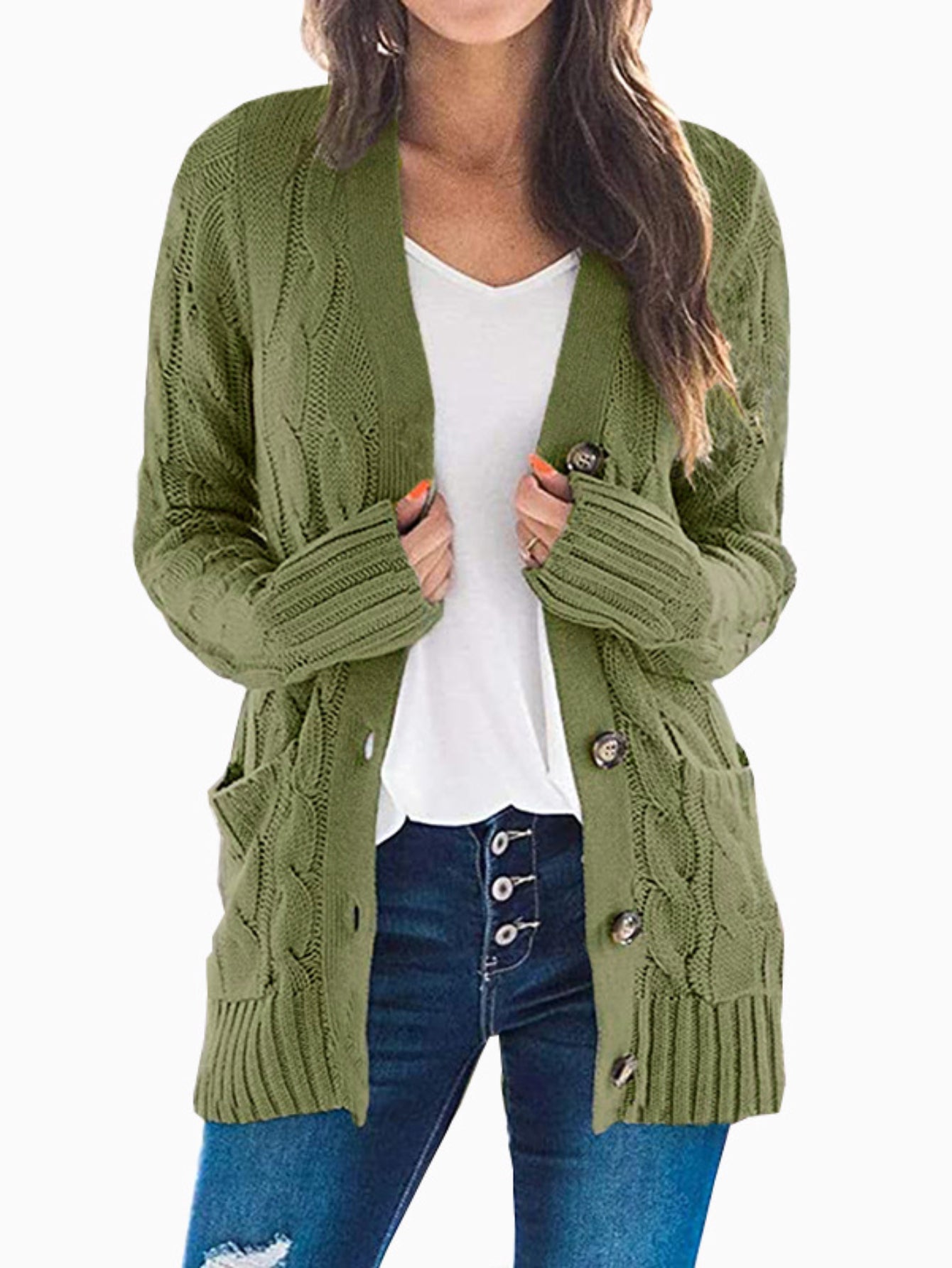Cable Knit Button Front Cardigan, Casual Solid Long Sleeve Cardigan